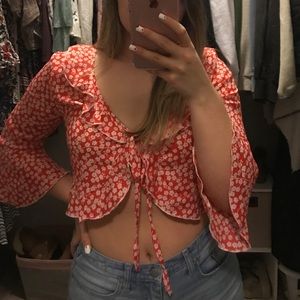 Shein Red Floral Tie Front Crop Top